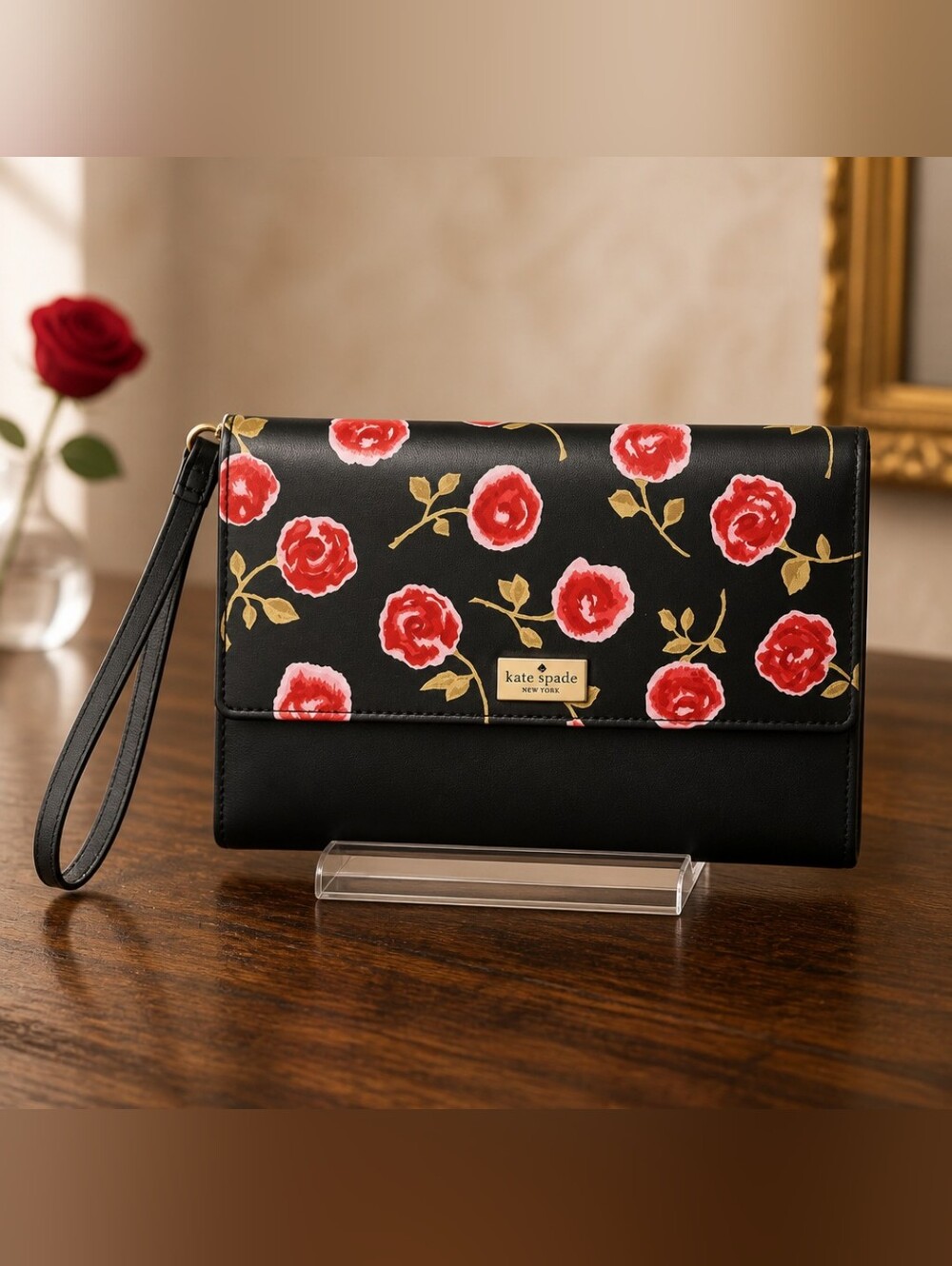 Kate Spade Floral Print Black Wristlet Clutch - Rose Pattern